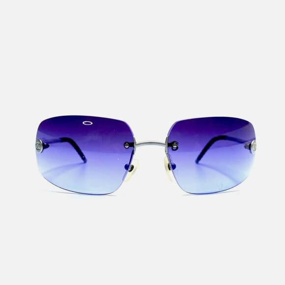 VTG CHANEL Sunglasses Matte Silver Rimless Wrap Blue/Purple Lens Italy - Picture 1 of 12